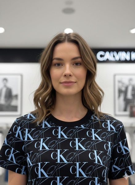 Women Black All-Over Monogram Print T-Shirt  Stylish Casual Everyday Wear