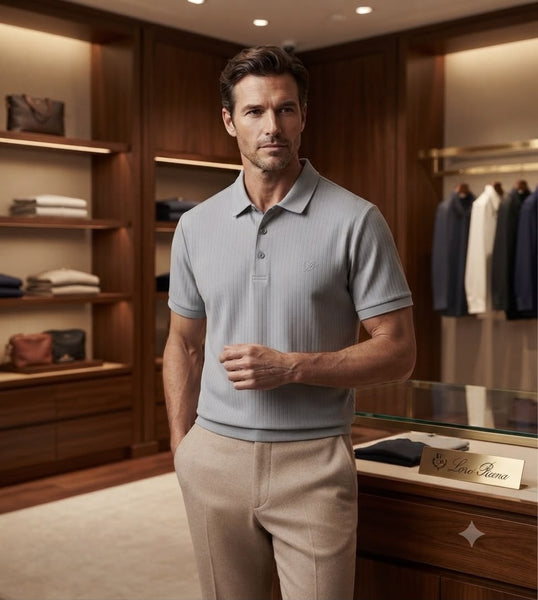 Men’s Grey Ribbed Polo T-Shirt – Stylish Smart Casual Wear