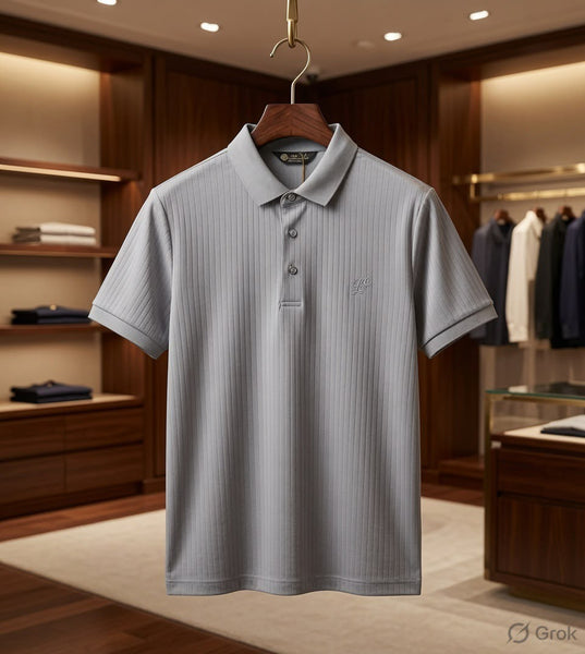 Men’s Grey Ribbed Polo T-Shirt – Stylish Smart Casual Wear