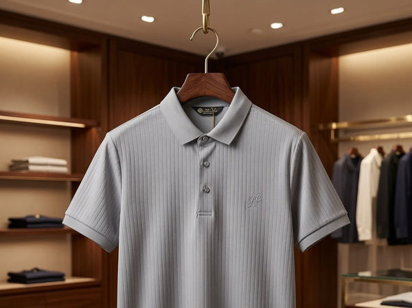 Men’s Grey Ribbed Polo T-Shirt – Stylish Smart Casual Wear
