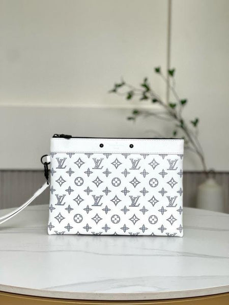 Women’s White Monogram Print Wristlet Clutch – Stylish & Compact Hand Pouch
