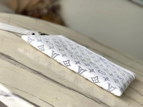 Women’s White Monogram Print Wristlet Clutch – Stylish & Compact Hand Pouch