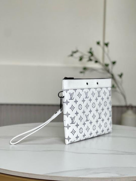 Women’s White Monogram Print Wristlet Clutch – Stylish & Compact Hand Pouch