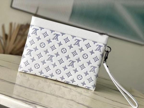 Women’s White Monogram Print Wristlet Clutch – Stylish & Compact Hand Pouch