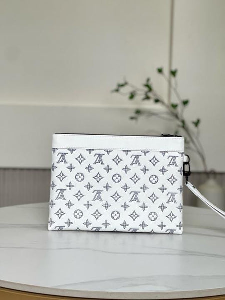 Women’s White Monogram Print Wristlet Clutch – Stylish & Compact Hand Pouch