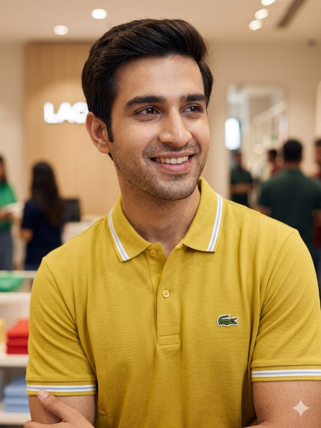 Men Yellow Striped Collar Polo T-Shirt – Stylish Casual Short Sleeve Tee