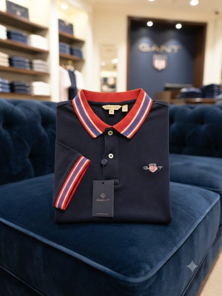Men Navy Blue Striped Collar Polo T-Shirt Stylish Casual Short Sleeve Tee