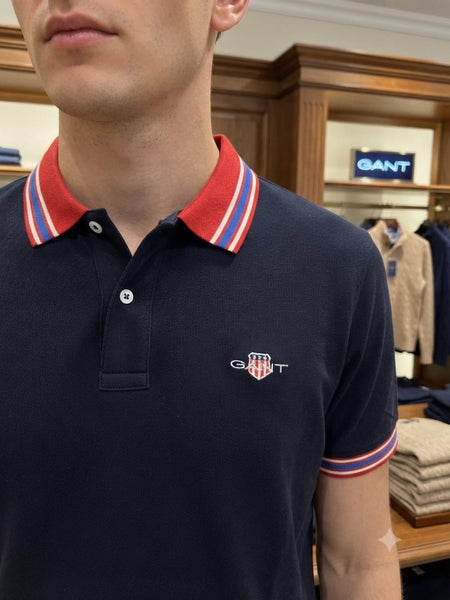 Men Navy Blue Striped Collar Polo T-Shirt Stylish Casual Short Sleeve Tee