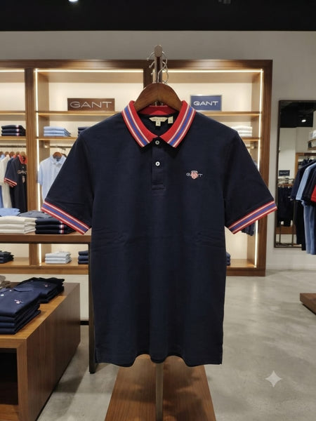 Men Navy Blue Striped Collar Polo T-Shirt Stylish Casual Short Sleeve Tee