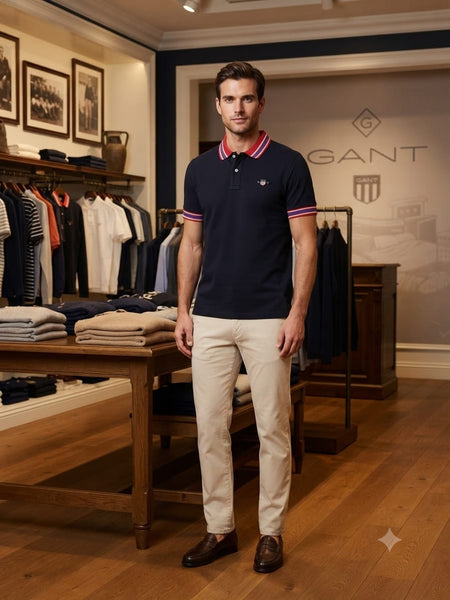 Men Navy Blue Striped Collar Polo T-Shirt Stylish Casual Short Sleeve Tee