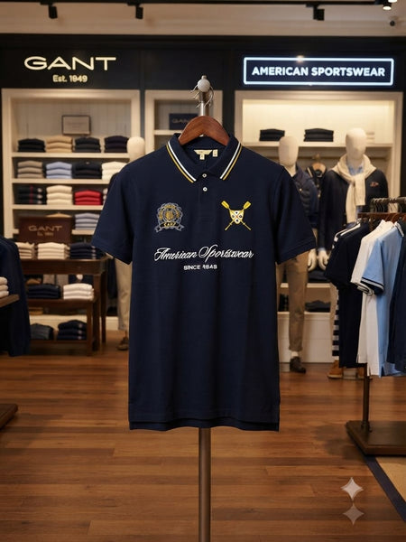 Men’s Navy Blue Printed Polo T-Shirt – Stylish Casual Sportswear Tee