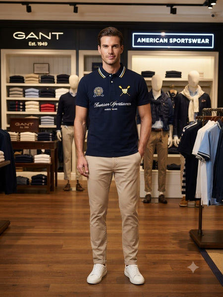 Men’s Navy Blue Printed Polo T-Shirt – Stylish Casual Sportswear Tee