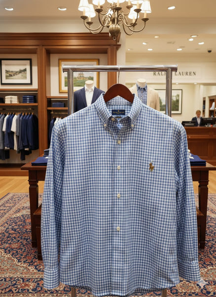 Men   Blue Checked Casual Shirt with Embroidered Logo | Full Sleeves
