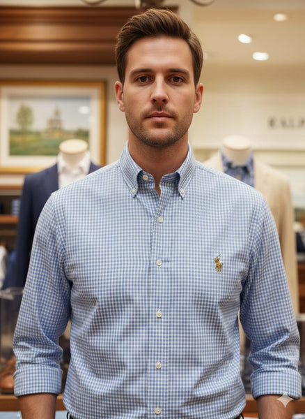 Men   Blue Checked Casual Shirt with Embroidered Logo | Full Sleeves