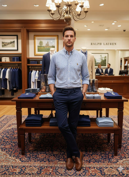 Men   Blue Checked Casual Shirt with Embroidered Logo | Full Sleeves