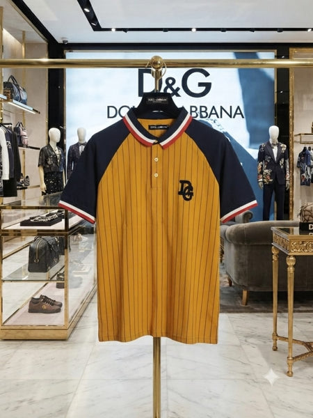 Men Mustard Pinstripe Polo T-Shirt Contrast Sleeve Casual Wear