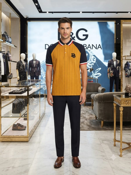 Men Mustard Pinstripe Polo T-Shirt Contrast Sleeve Casual Wear