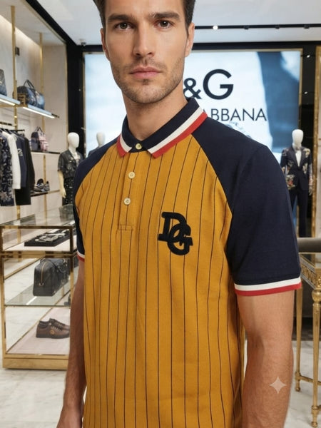 Men Mustard Pinstripe Polo T-Shirt Contrast Sleeve Casual Wear