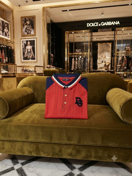 Men Premium Red Pinstripe Polo T-Shirt  Contrast Navy Sleeves