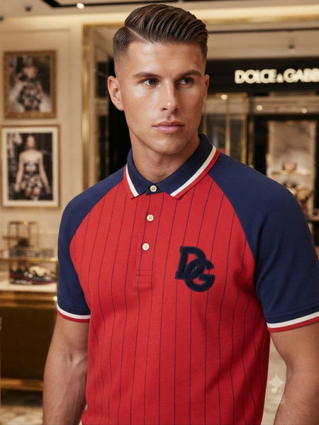 Men Premium Red Pinstripe Polo T-Shirt  Contrast Navy Sleeves