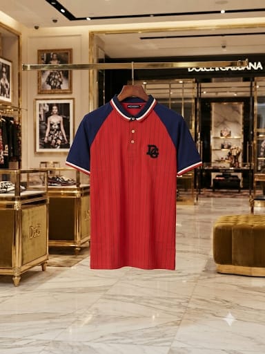 Men Premium Red Pinstripe Polo T-Shirt  Contrast Navy Sleeves