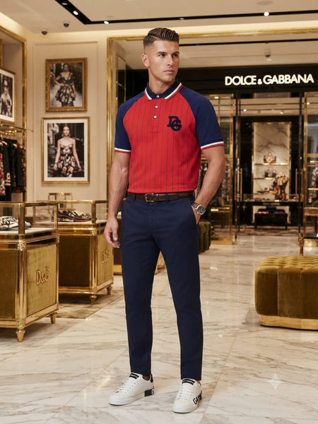 Men Premium Red Pinstripe Polo T-Shirt  Contrast Navy Sleeves