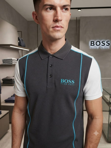 Men Premium Charcoal Grey Polo T-Shirt with Contrast White Sleeves