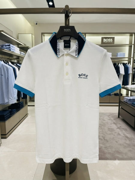 Men Premium White Polo T-Shirt with Contrast Collar Smart Casual Half Sleeve Tee
