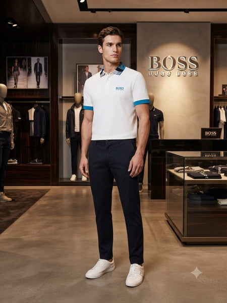 Men Premium White Polo T-Shirt with Contrast Collar Smart Casual Half Sleeve Tee