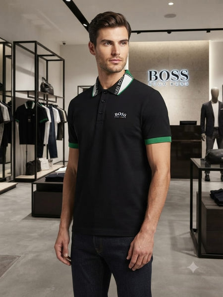 Men Black Polo T-Shirt with Green Contrast Trim | Premium Casual  Polo