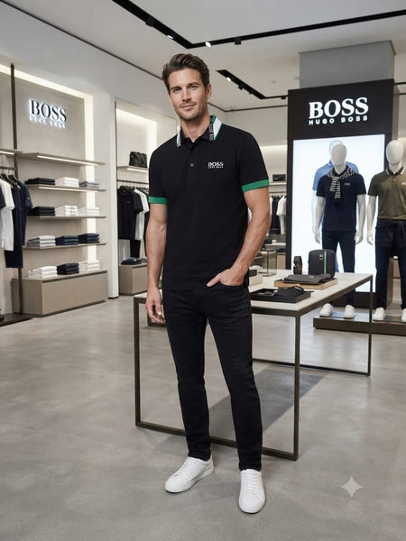 Men Black Polo T-Shirt with Green Contrast Trim | Premium Casual  Polo
