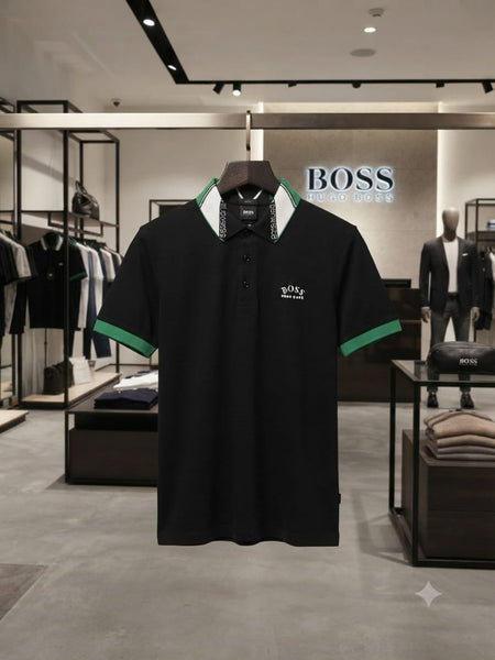 Men Black Polo T-Shirt with Green Contrast Trim | Premium Casual  Polo