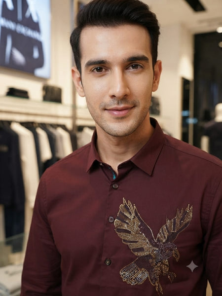 Men Premium Maroon Eagle Casual Shirt Full Sleeve Button-Down Stylish Shirt