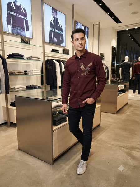 Men Premium Maroon Eagle Casual Shirt Full Sleeve Button-Down Stylish Shirt