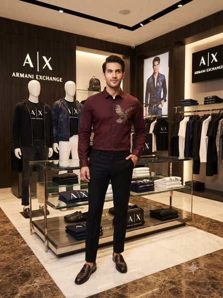 Men Premium Maroon Eagle Casual Shirt Full Sleeve Button-Down Stylish Shirt