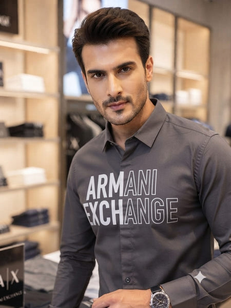 Men Premium Charcoal Grey Logo Print Casual Shirt Full Sleeve Button-Down Stylish Shirt