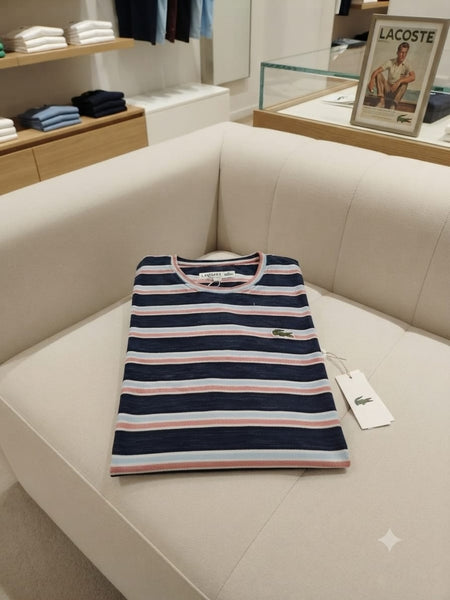 Men Navy Blue & White Striped Crew Neck Half Sleeve T-Shirt