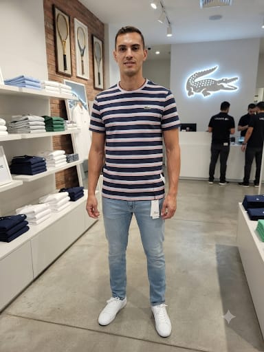 Men Navy Blue & White Striped Crew Neck Half Sleeve T-Shirt