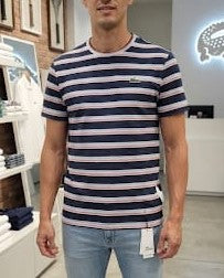 Men Navy Blue & White Striped Crew Neck Half Sleeve T-Shirt