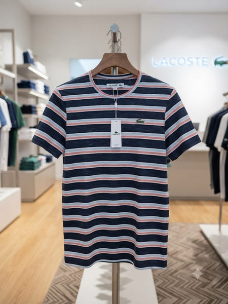 Men Navy Blue & White Striped Crew Neck Half Sleeve T-Shirt