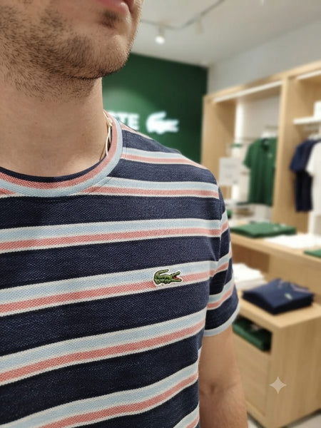 Men Navy Blue & White Striped Crew Neck Half Sleeve T-Shirt