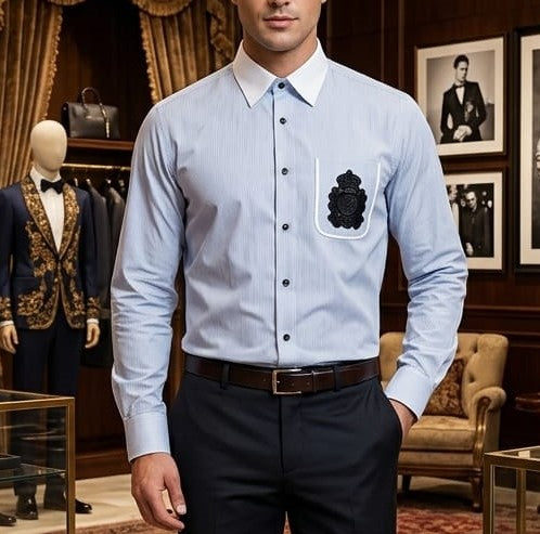 Men Premium Light Blue Full Sleeve Formal Shirt with Chest Patch