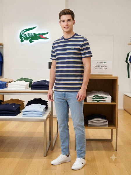 Men Navy Blue Striped Crew Neck Half Sleeve T-Shirt