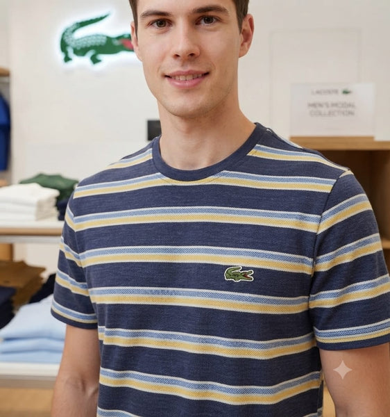 Men Navy Blue Striped Crew Neck Half Sleeve T-Shirt