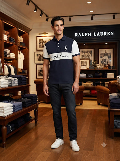 Men Navy Blue Color block Polo T-Shirt | Premium Regular Fit