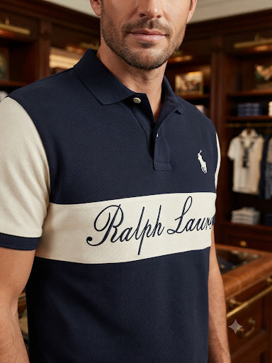 Men Navy Blue Color block Polo T-Shirt | Premium Regular Fit