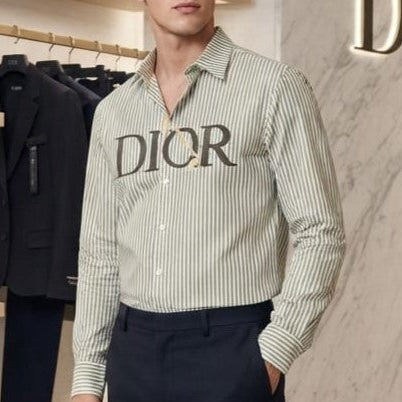 Men Premium Olive Green Striped Full Sleeve Casual Shirt with Chest Graphic Detail