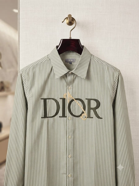 Men Premium Olive Green Striped Full Sleeve Casual Shirt with Chest Graphic Detail