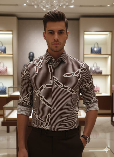 Men Premium Brown Geometric Chain Print Full Sleeve Casual Shirt