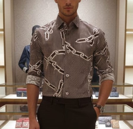 Men Premium Brown Geometric Chain Print Full Sleeve Casual Shirt